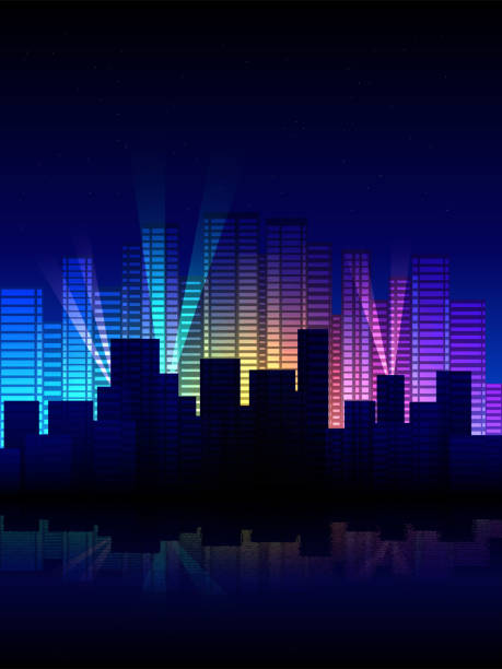 istock Night city. Urban multicolored cityscape with night spotlights 1341495473
