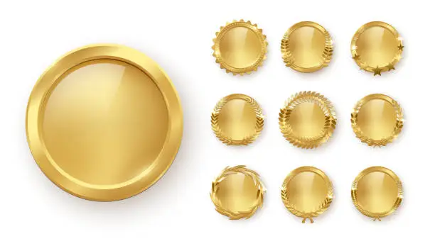 Vector illustration of Gold medal with laurel wreath, circle award set, 3d golden winner badge medallion