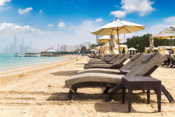 istock Sunbeds at the beach in Abu Dhabi 1341496852