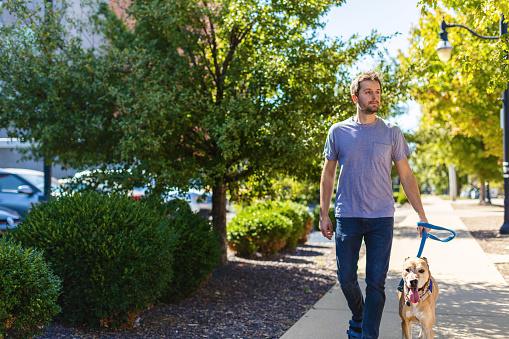 In Central Illinois Millennial Male with Pet Dog in the Midwest Photo Series (Shot with Canon 5DS 50.6mp photos professionally retouched - Lightroom / Photoshop - original size 5792 x 8688 downsampled as needed for clarity and select focus used for dramatic effect)