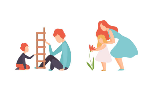 istock Parent and Their Children Spending Good Time Together Playing Jenga and Watching Flower Vector Set 1341504843