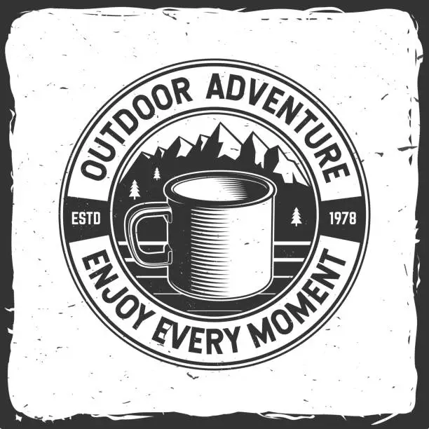 Vector illustration of Enjoy every moment. Outdoor adventure. Vector illustration. Concept for shirt or logo, print, stamp or tee. Vintage typography design with metal camping mug and mountain silhouette. Camping quote