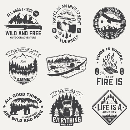 Summer camp with design elements. Vector. Camping and outdoor adventure emblems. Typography design with camping kettle, knife, tent, camping fire, kayak, camper tent , and forest silhouette