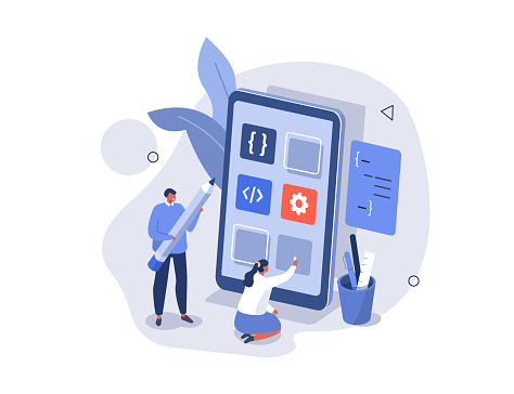 People characters developing new mobile app. Developers team programming and coding code for mobile user interface. Development process concept. Flat isometric vector illustration isolated.