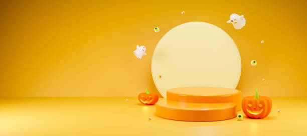 istock 3D Render Halloween Product display stage for presentation Banner. cute pumpkin podium 1341507034