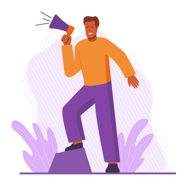 Black man protesting for their rights. African american man holds loudspeaker.Vector flat. civil rights leader stock illustrations