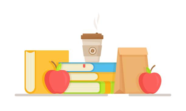 ilustraciones, imágenes clip art, dibujos animados e iconos de stock de ilustración vectorial de un almuerzo escolar. una merienda rápida en la escuela en el recreo. directamente el proceso de tomar una comida preparada. - the mall illustrations