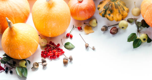 istock Autumn Thanksgiving composition with pumpkins, lemon tea, acorns, and acorns 1341508544