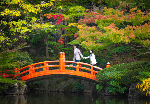 молодая пара идет по традиционному японскому маленькому мосту - couple autumn embracing bridge стоковые фото и изображения