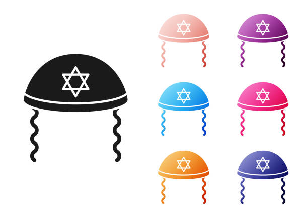 ilustrações, clipart, desenhos animados e ícones de kippah judeu negro com estrela do ícone david e sidelocks isolado no fundo branco. chapéu de yarmulke judeu. defina ícones coloridos. vetor - yarmulke