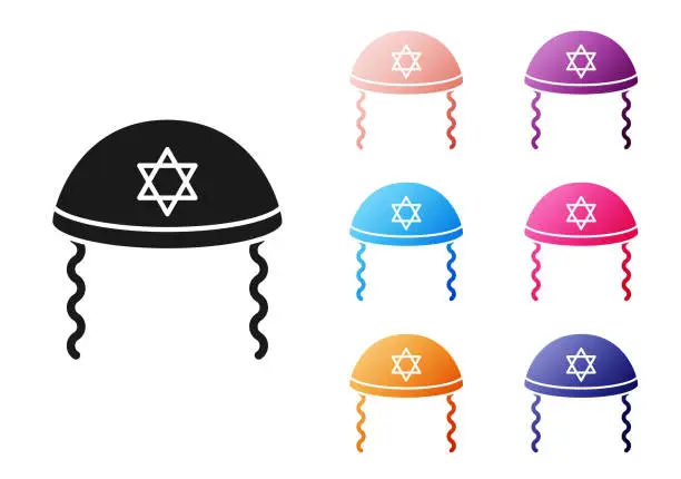 Vector illustration of Black Jewish kippah with star of david and sidelocks icon isolated on white background. Jewish yarmulke hat. Set icons colorful. Vector