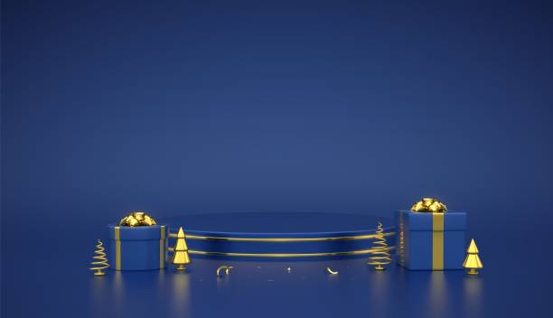 istock Blue round podium. Scene and 3D platform with gold circle on blue background. Blank Pedestal with gift boxes with golden bow and golden metallic pine, spruce trees. Realistic vector illustration. 1341510401