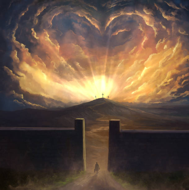 Heart clouds over cross Digital painting of bright sunlight and heart shaped clouds over the crosses bible heart shape jesus christ love stock pictures, royalty-free photos & images