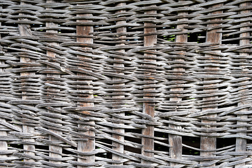 Close up details of a knitted wall made from wooden branches used to store corn in the villages in the old times