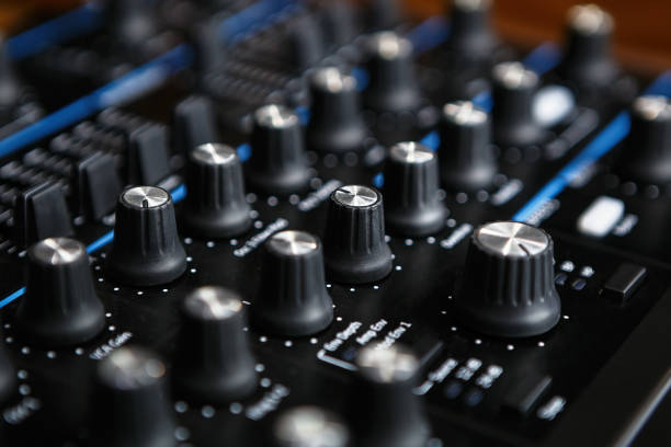 istock Analog synthesizer regulators. Professional audio equipment for electronic musical production in sound recording studio 1341513735