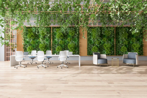 istock Eco-Friendly Open Plan Modern Office With Waiting Area, Meeting Table And Vertical Garden Background 1341514842