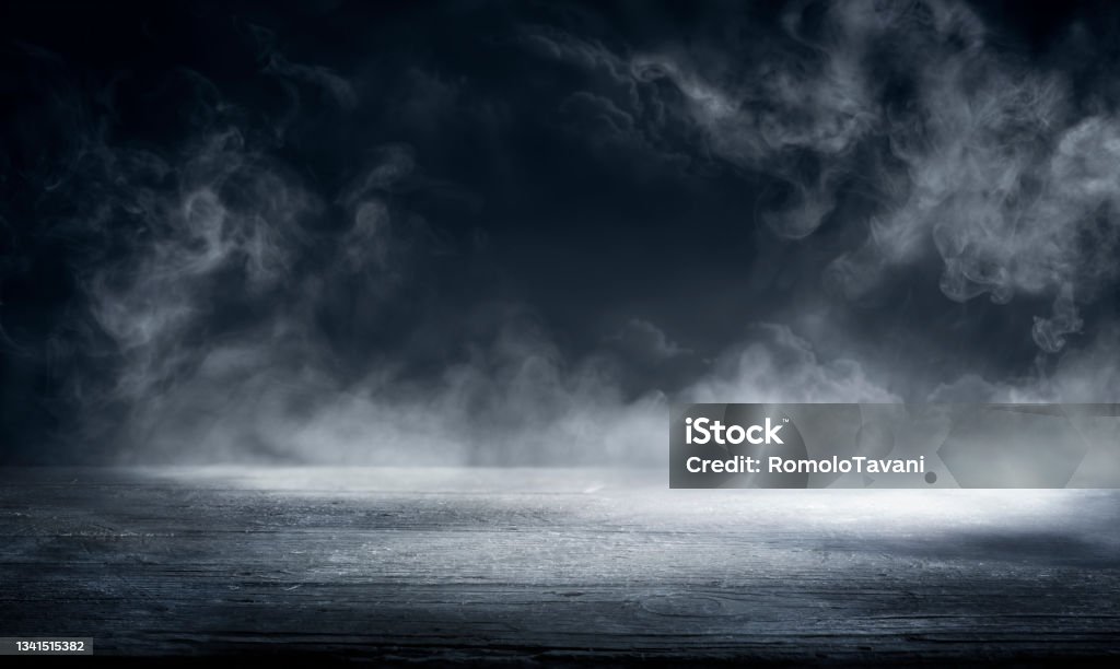 Fog In Black - Smoke And Mist On Wooden Table - Halloween Backdrop Mist In The Dark  - Smoke On Gray floor - Halloween Background Smoke - Physical Structure Stock Photo