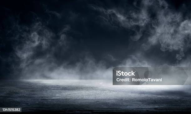 Fog In Black Smoke And Mist On Wooden Table Halloween Backdrop Stock Photo - Download Image Now