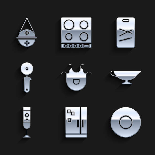 istock Set Kitchen apron, Refrigerator, Plate, Sauce boat, Blender, Pizza knife, Cutting board and Ball tea strainer icon. Vector 1341517591