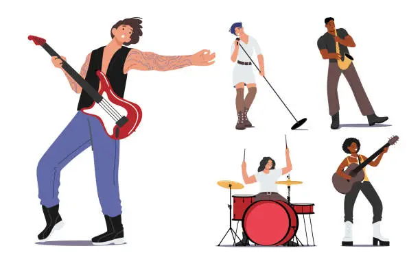 Vector illustration of Set Rock Band Performing on Stage. Electric and Acoustic Guitarist, Drummer, Singer, Saxophone Player Artists Show