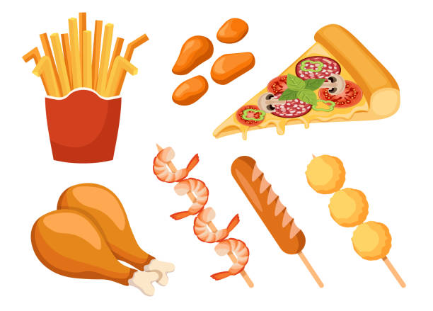 Fastfood, Takeaway Junk Food French Fries, Chicken Leg and Nuggets, Pizza, Shrimps on Skewers, Sausage and Cheese Balls Fastfood, Takeaway Junk Food French Fries, Chicken Leg and Nuggets, Pizza, Shrimps on Skewers, Sausage and Fried Cheese Balls Isolated Elements for Restaurant Menu Design. Cartoon Vector Illustration shrimp prepared shrimp prawn cartoon stock illustrations