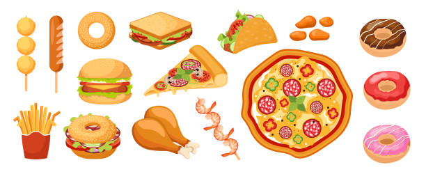 illustrations, cliparts, dessins animés et icônes de ensemble d’icônes fastfood, plats à emporter français frites, beignets sucrés, sandwich. cuisses de poulet, pépites et pizza avec saucisse - old fashioned pizza label design element