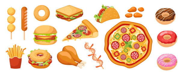 ilustrações de stock, clip art, desenhos animados e ícones de set of icons fastfood, takeaway food french fries, sweet donuts, sandwich. chicken legs, nuggets and pizza with sausage - old fashioned pizza label design element