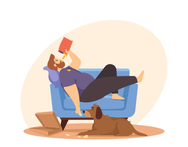 Physical Inactivity, Passive Lifestyle, Bad Habit. Sedentary Life Concept. Overweight Man Lying on Sofa Eating Chips Physical Inactivity, Passive Lifestyle, Bad Habit. Sedentary Life Concept. Overweight Male Character Lying on Sofa Eating Chips. Lazy Fat Man Relax at Home Alone. Cartoon People Vector Illustration lazy stock illustrations