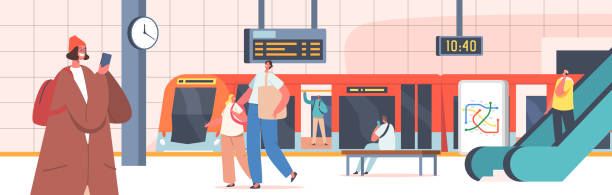 люди на станции метро с поездом, эскалатором, картой, часами и цифровым дисплеем. мужские женские персонажи в общественном метро - sign station contemporary escalator stock illustrations