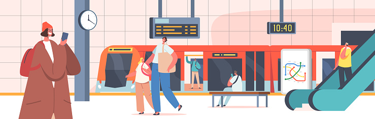 People at Subway Station with Train, Escalator, Map, Clock and Digital Display. Male and Female Characters at Public Metro Platform, Urban Commuter, City Transport. Cartoon Vector Illustration