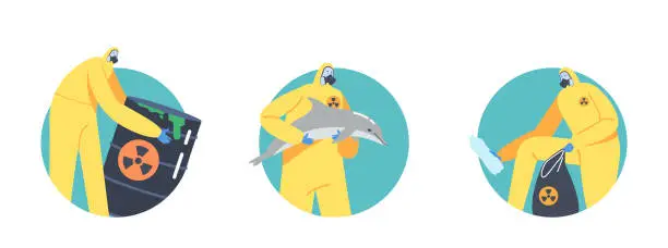 Vector illustration of Set of Icons Ocean Oil Pollution, Ecological Catastrophe Concept. Characters in Protective Suits and Gas Masks