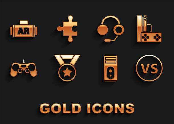 set medaille, spielkonsole mit joystick, vs versus kampf, computer, gamepad, kopfhörer, ar, augmented reality und puzzle-symbol. vektor - medal control computer icon symbol stock-grafiken, -clipart, -cartoons und -symbole