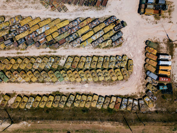 istock Rusty broken Russian military cars for scrap metal 1341520143