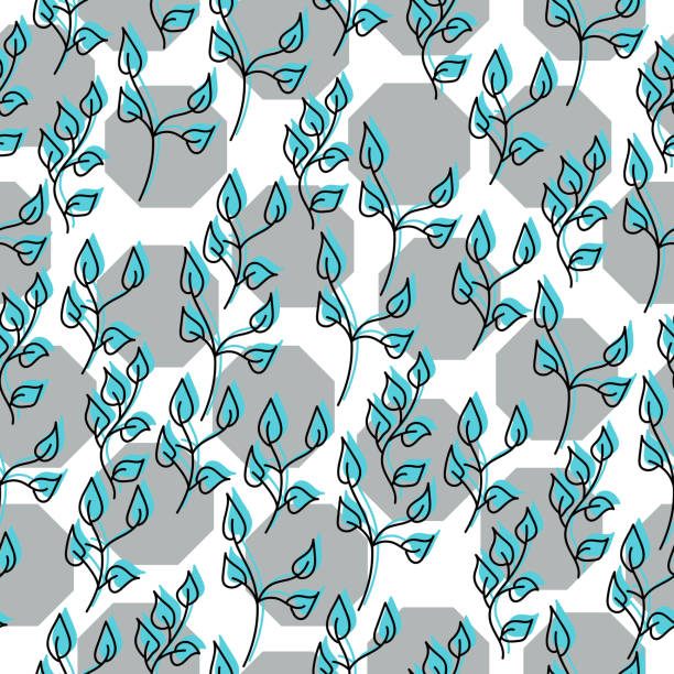 Seamless pattern of ornate doodle leaves of blue color and gray octagons on a white background Seamless pattern of ornate doodle leaves of blue color and gray octagons on a white background vector illustration octagon house stock illustrations