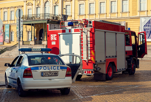 Bulgaria, Sofia, September 10, 2020. Firefighter and police car located in front of National gallery of art during the protest against government in Sofia