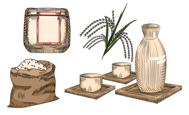 ilustrações de stock, clip art, desenhos animados e ícones de set of sake. traditional japanese rice alcohol drink. collection of ceramic vase and cup, stalk and rice bag, barrel of sake. - silhouette wine retro revival wine bottle