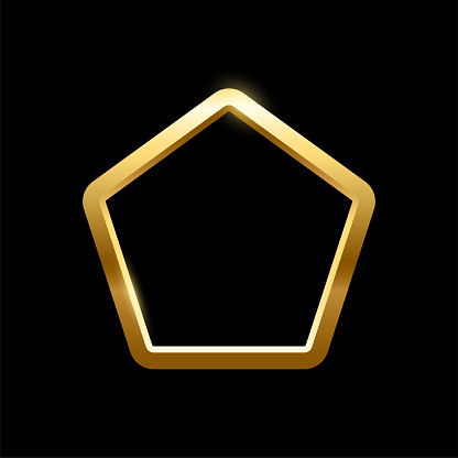 Gold pentagon frame for picture on black background. Blank space for picture, painting, card or photo. 3d realistic modern template vector illustration. Simple golden object mockup