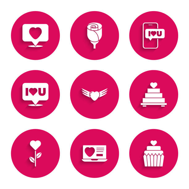 illustrations, cliparts, dessins animés et icônes de set heart with wings, application de rencontres en ligne, cœur de gâteau de mariage, fleur en forme, bulle de parole je t’aime, mobile et j’aime et icône. vecteur - cake symbol icon set computer icon