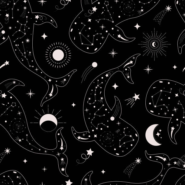 Magical seamless pattern with whales, stars, zodiac signs, planets, moon, sun, meteorites. Magical seamless pattern with whales, stars, zodiac signs, planets, moon, sun, meteorites. Vector beautiful background with whales on a black background. Can be used for fabric, wallpaper, textile. whale tale stock illustrations