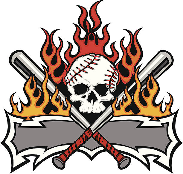 softball fledermäuse, baseball-totenkopf-flaming vorlage bild - skull baseball ball stock-grafiken, -clipart, -cartoons und -symbole