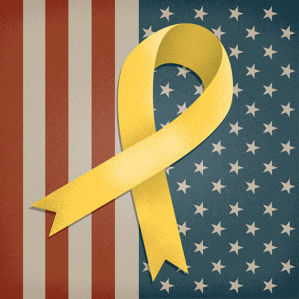 A yellow awareness ribbon on an American flag background vector art illustration