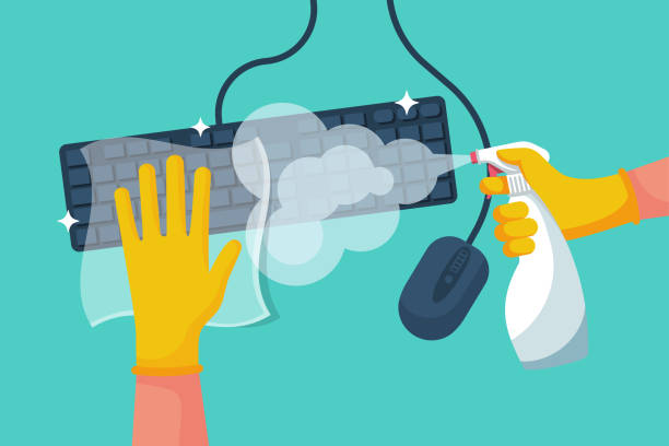 ilustrações de stock, clip art, desenhos animados e ícones de disinfection of a computer vector flat - hand sanitizer liquid soap hygiene healthy lifestyle
