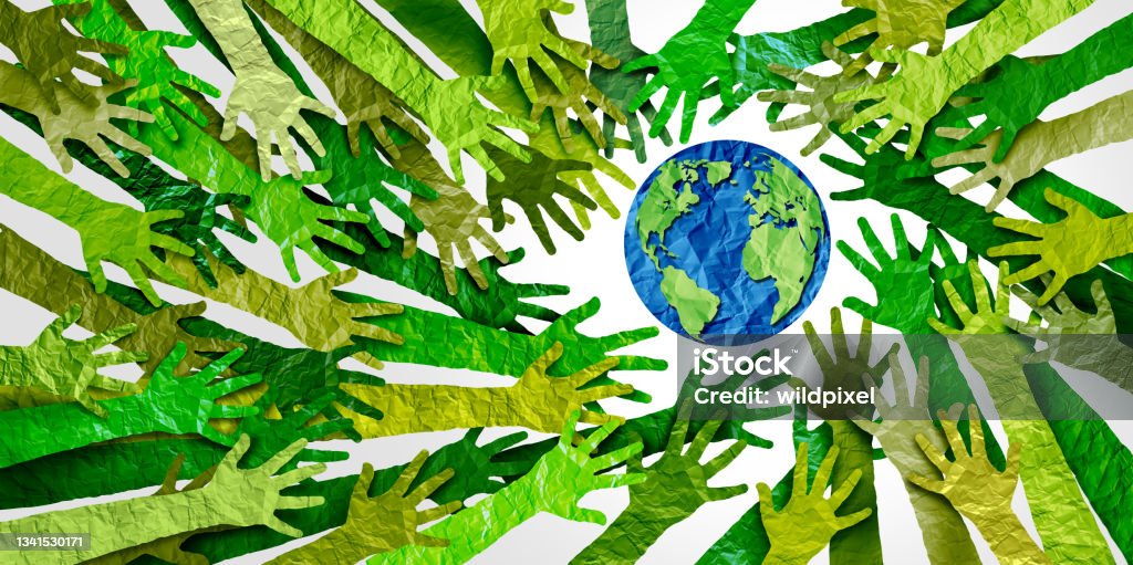 Planet Earth Happy Earth day celebration as an international climate change concept or eco friendly habitat protection as papercut paper hands supporting the planet and saving the world environment as a composite. Save The Planet Stock Photo