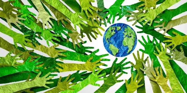 Happy Earth day celebration as an international climate change concept or eco friendly habitat protection as papercut paper hands supporting the planet and saving the world environment as a composite.