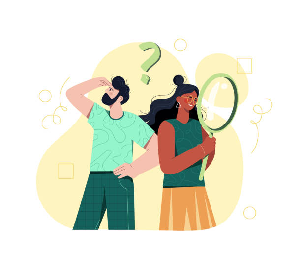 Smiling male and female characters are looking for something and with magnifying glass on white background Smiling male and female characters are looking for something and with magnifying glass on white background. Concept of business search or research, development. Flat cartoon vector illustration looking through an object stock illustrations