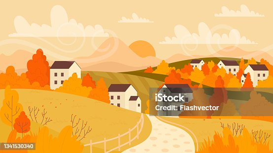 istock Autumn farm village landscape scene in yellow orange fall colors, rural road to houses 1341530340
