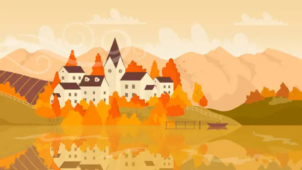 Vector illustration of European village on lake in autumn landscape in yellow orange fall colors, small town