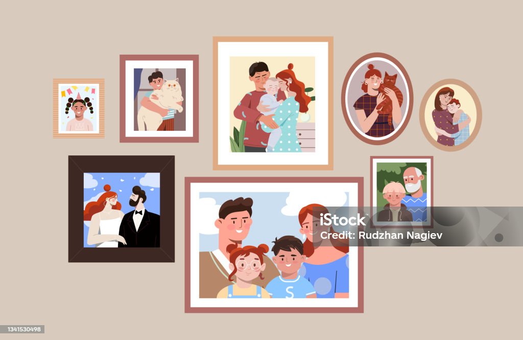 Conjunto de retratos fotográficos familiares en marcos de diferentes formas en una pared lisa en tonos pastel - arte vectorial de Familia libre de derechos