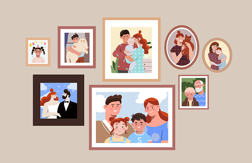 Set of family photo portraits in frames of different shapes on plain pastel wall