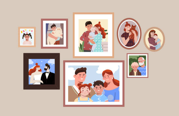 Set of family photo portraits in frames of different shapes on plain pastel wall Set of family photo portraits in frames of different shapes on plain pastel wall. Concept of memorable pictures of parents and children at important moments in life. Flat cartoon vector illustration cartoon photos stock illustrations